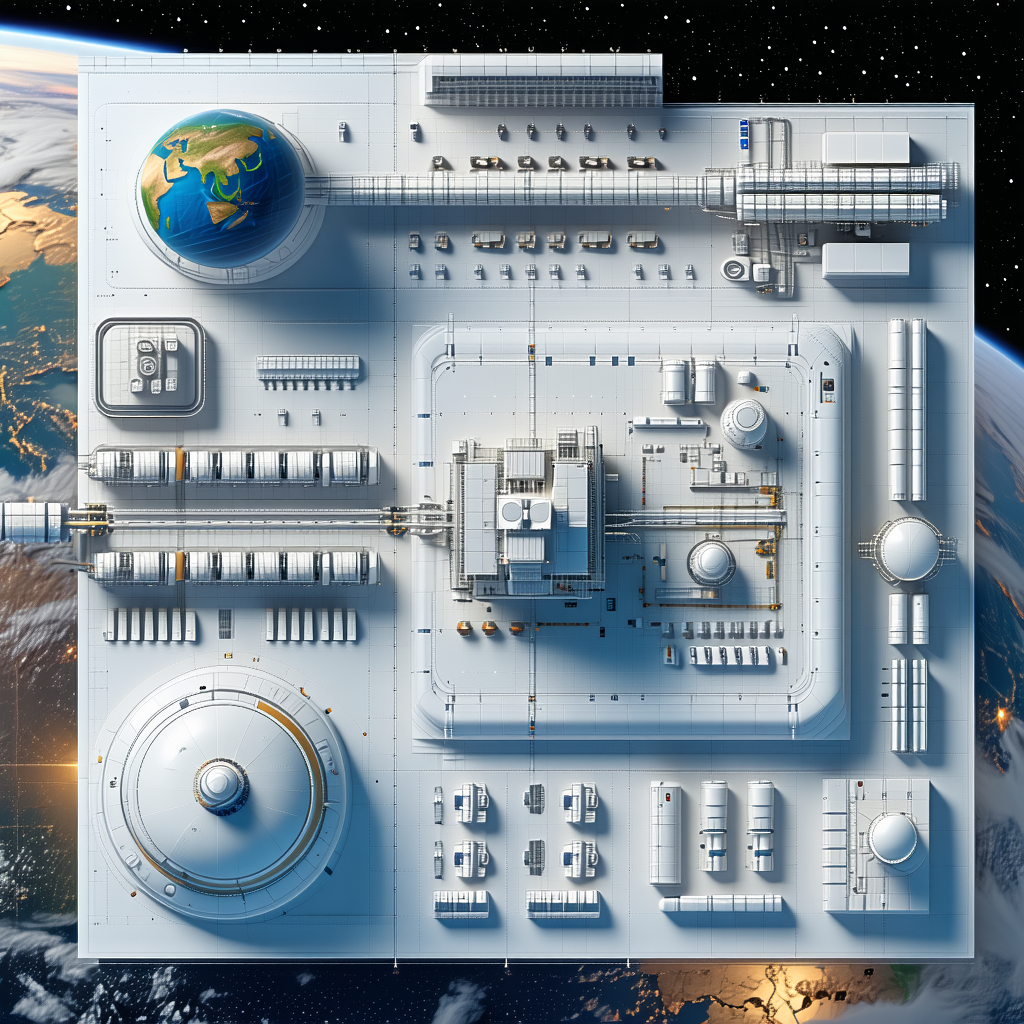 A Large, Detailed Drawing Of A Space Station Is Displayed On A Wall