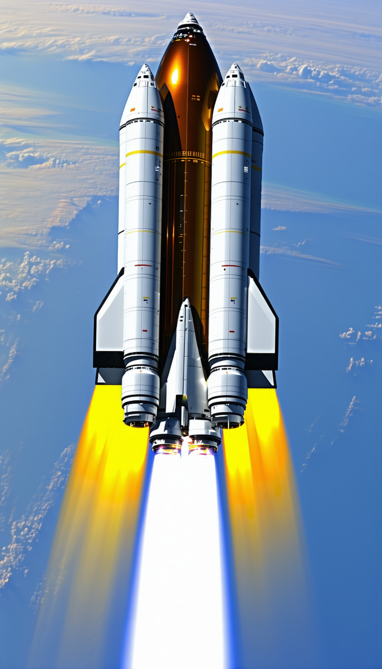 A Space Shuttle Is Shown In A Close-up View, With Its Booster Rockets Still Attached