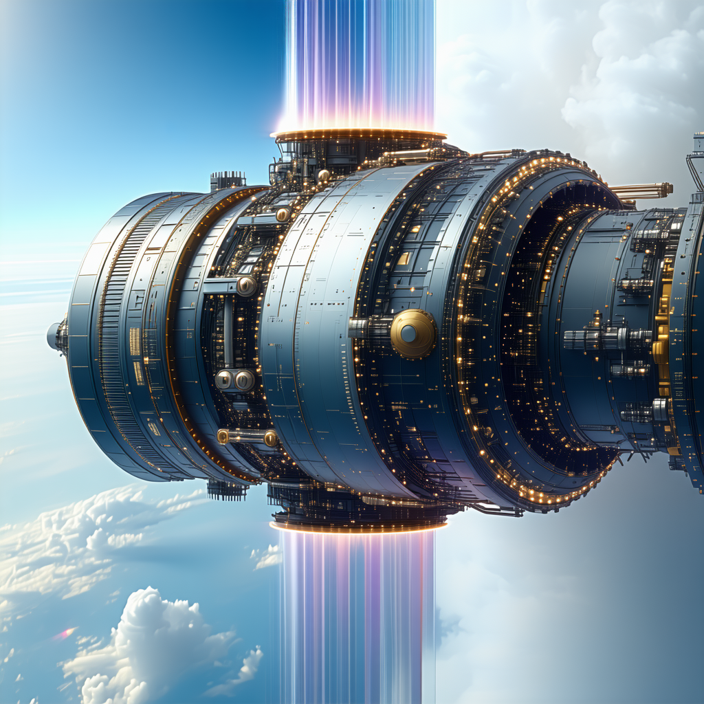 A Large, Futuristic Spacecraft Is Shown In A Blue And White Color Scheme