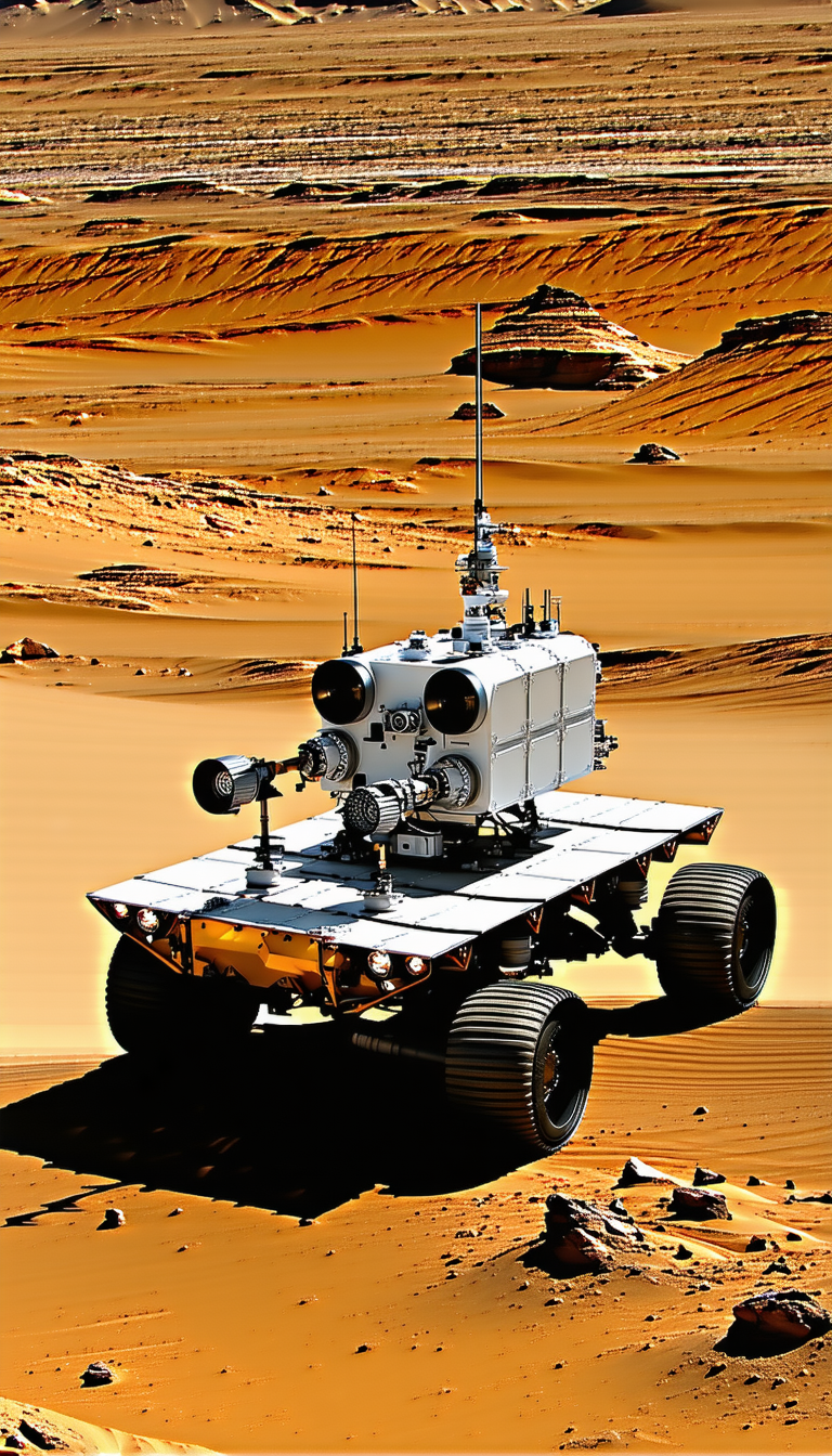 A White And Black Vehicle, Possibly A Rover Or A Truck, Driving Across A Sandy Terrain