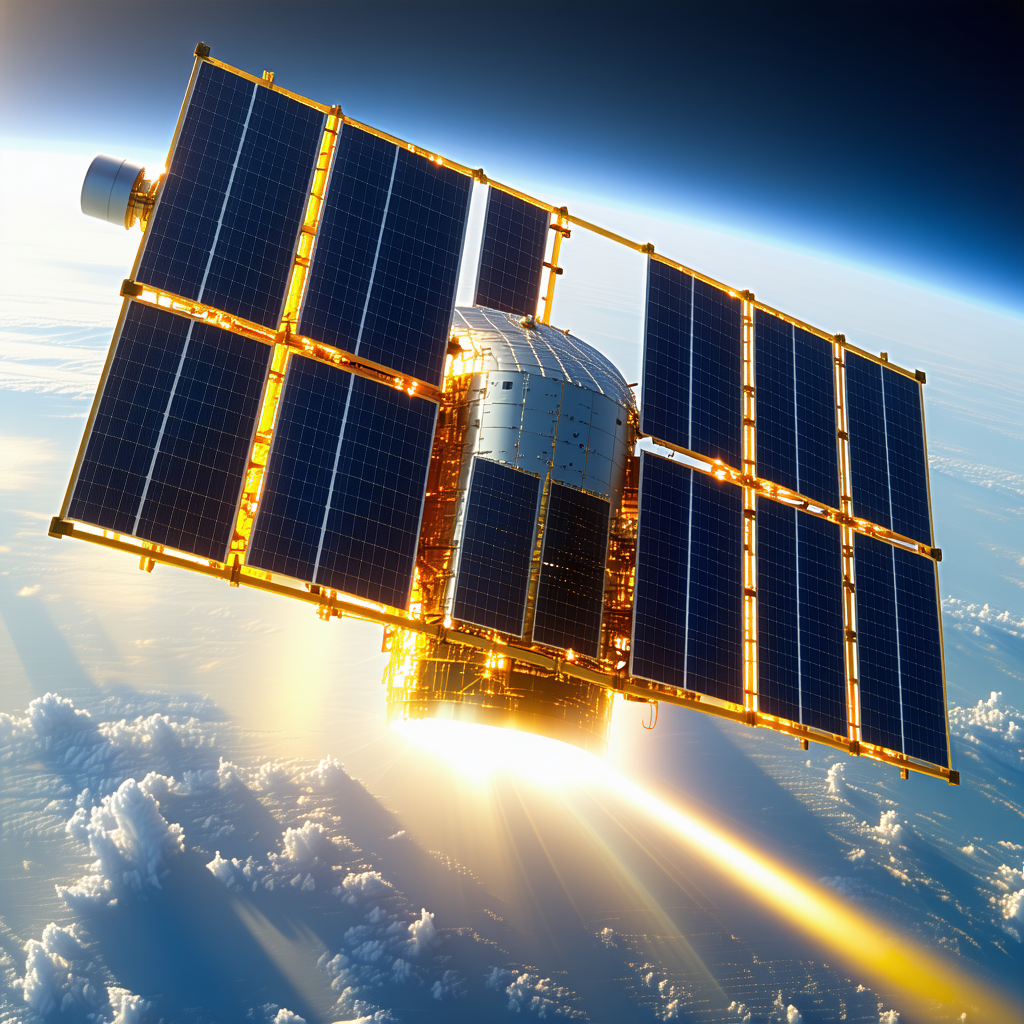 A Spacecraft With A Large Solar Panel On Its Side, Flying Through The Sky