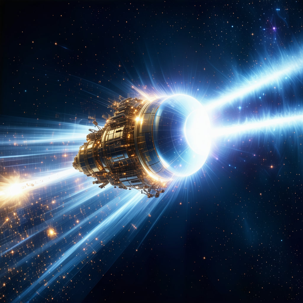 In The Image, There Is A Large Spaceship With A Blue Light On It, Flying Through The Night Sky