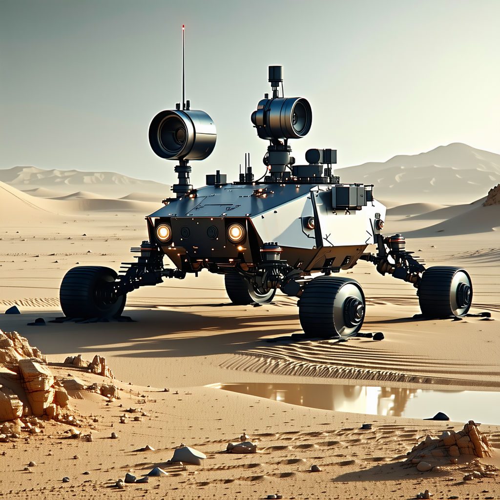 A Futuristic Robotic Vehicle, Possibly A Rover, Sitting In A Desert-like Environment
