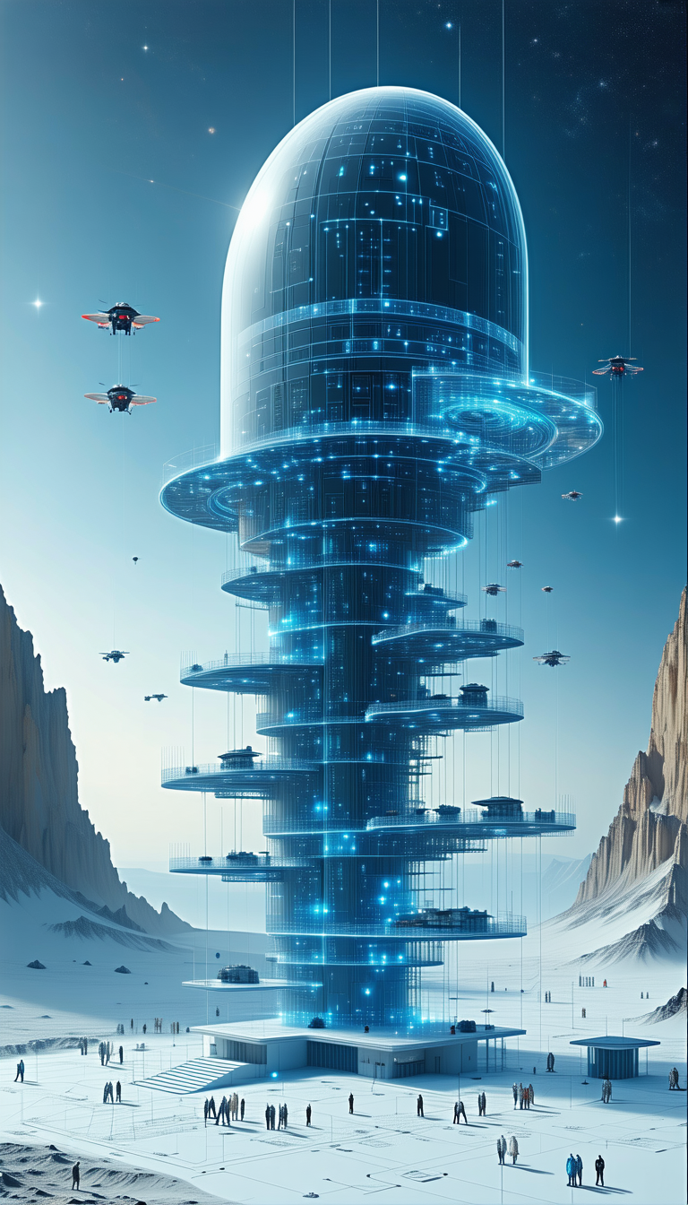 In This Futuristic Scene, A Large, Blue, And White Tower Is Surrounded By A Group Of Flying Vehicles