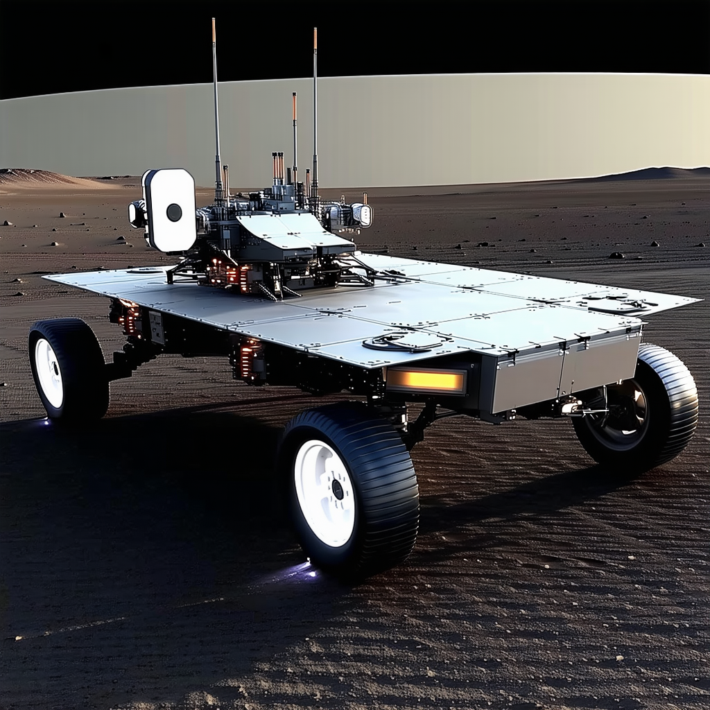 A Large, White, Four-wheeled Vehicle With A Flat Top, Parked On A Dirt Surface