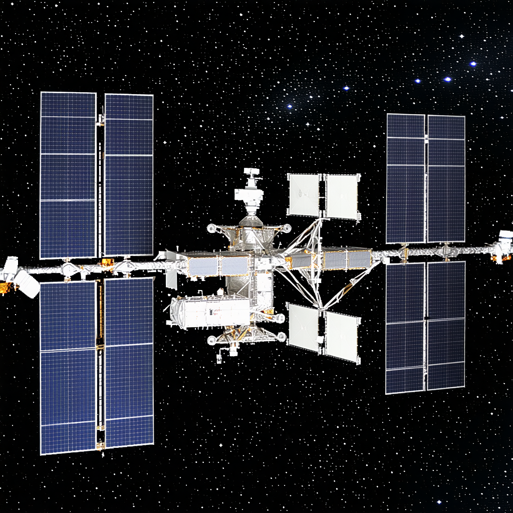 A Large Space Station With A White And Blue Color Scheme