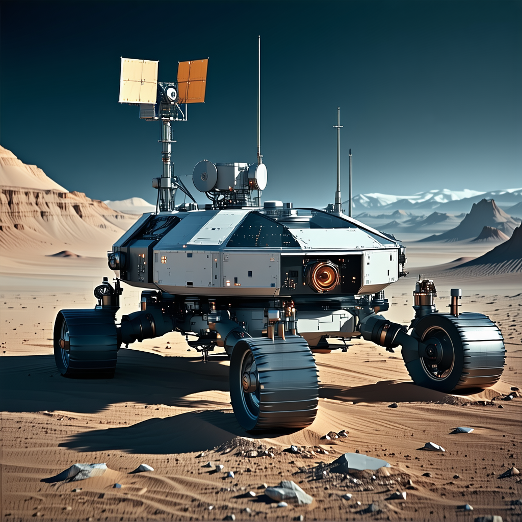 A Large Robotic Vehicle Is Sitting On A Rocky Surface, Possibly A Desert