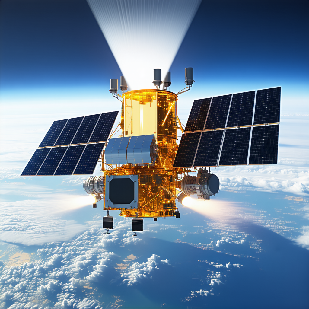 A Spacecraft With A Large Satellite Dish On Its Side, Flying Through The Sky