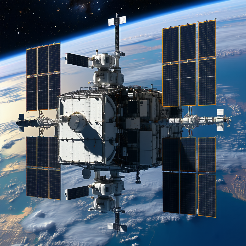 A Space Station With A Large Dome-shaped Structure, Which Is The Main Focus Of The Scene