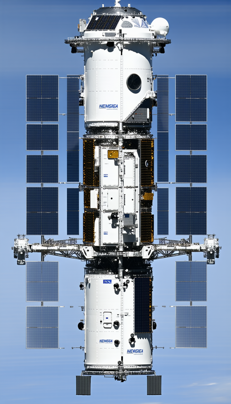 A Large Spacecraft, Possibly A Space Station Or A Satellite, Floating In The Sky