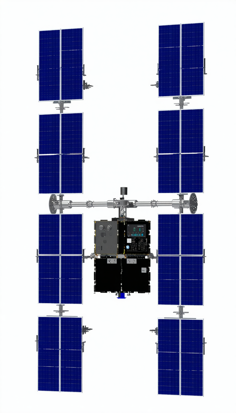 A Spacecraft Is Shown In A White Background, With A Large Solar Panel On The Side