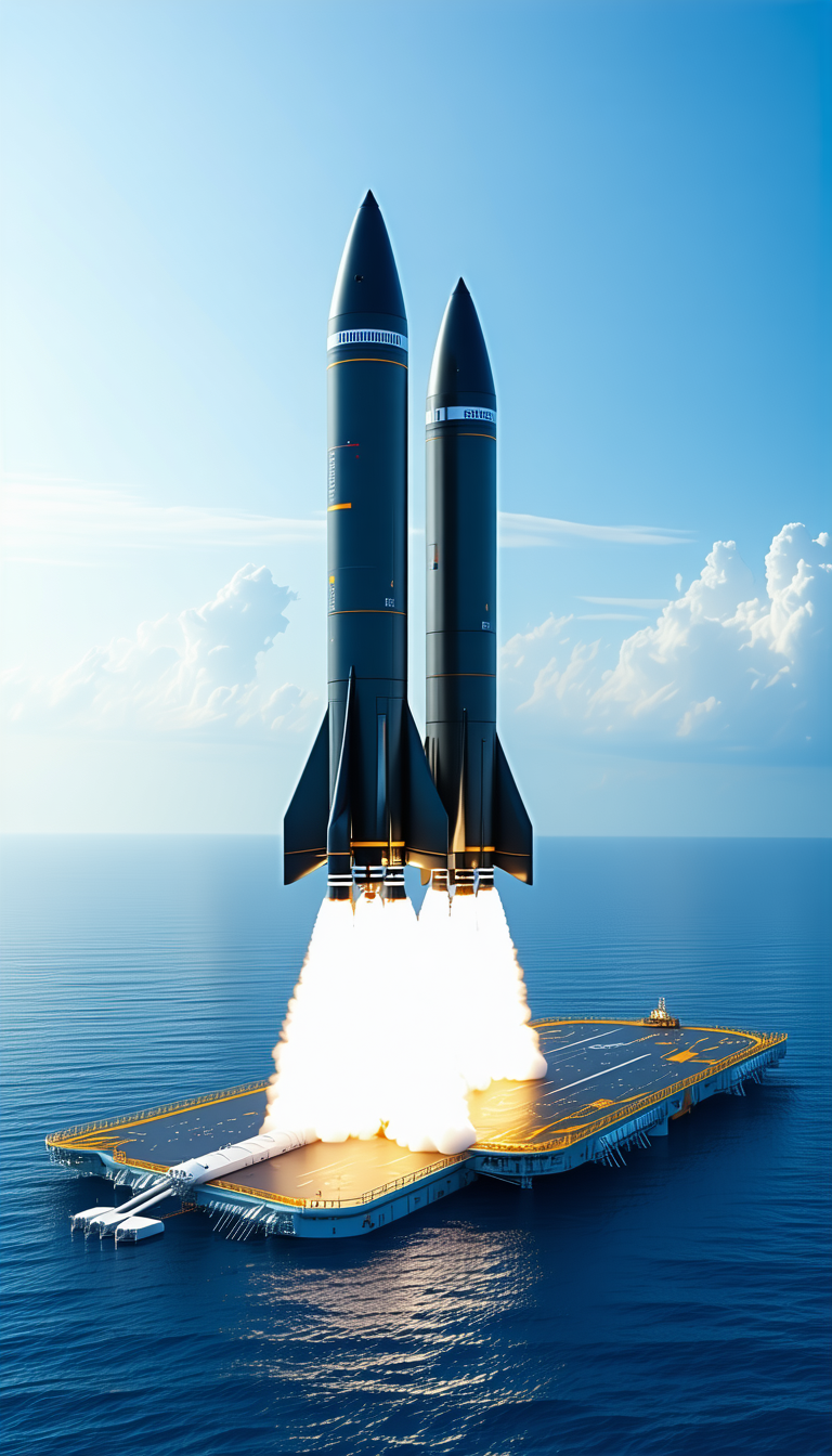 A Rocket Ship Is Being Launched From A Platform In The Ocean