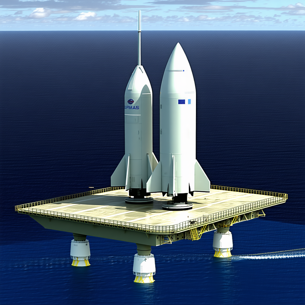 Two White Rockets Or Space Shuttles Sitting On A Platform In The Ocean
