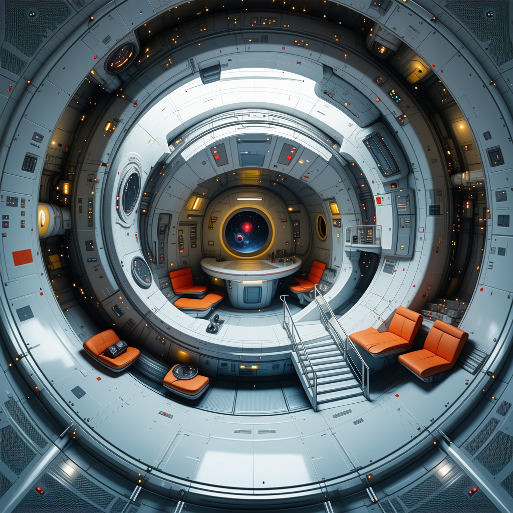 In This Image, There Is A Futuristic Space Station With A Large Circular Room
