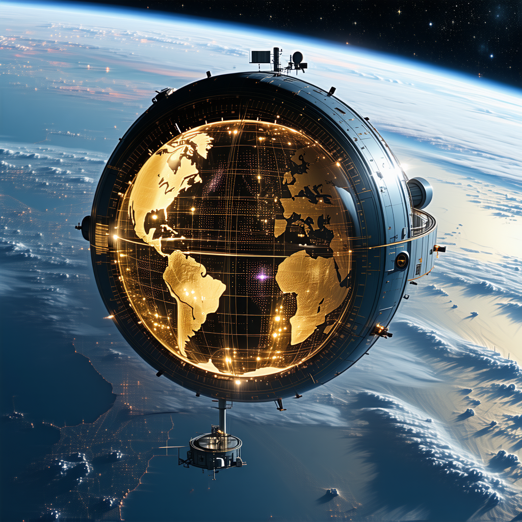 large, round, illuminated globe suspended