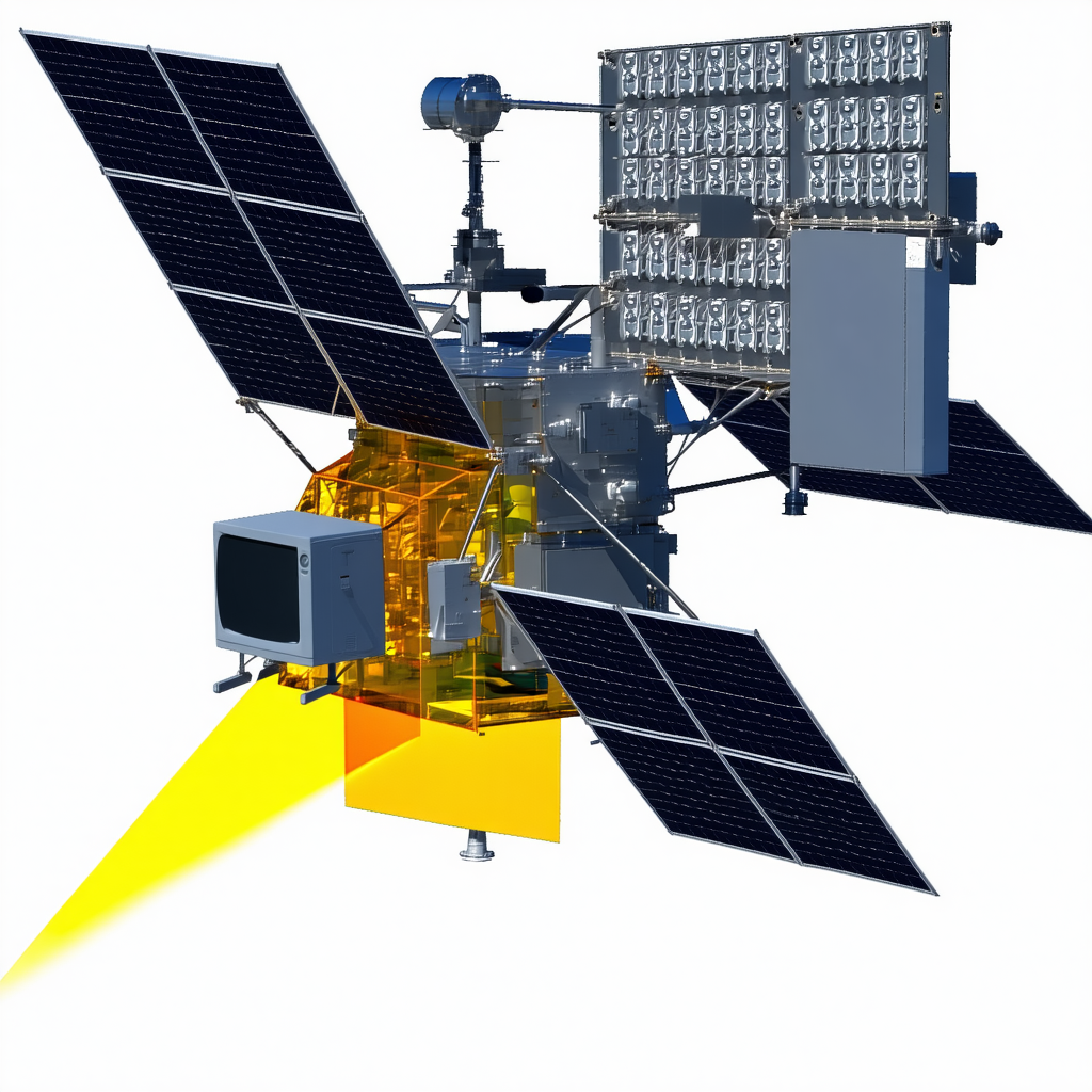 A Spacecraft Is Shown In A White Background, With A Large Solar Panel On The Side