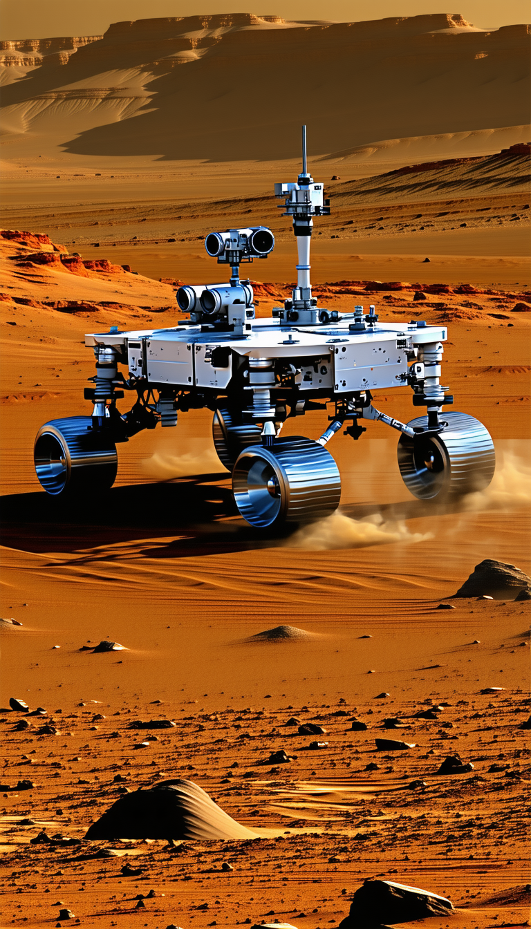 A Robotic Vehicle Is Driving Across A Dirt Field, With A Dusty Surface