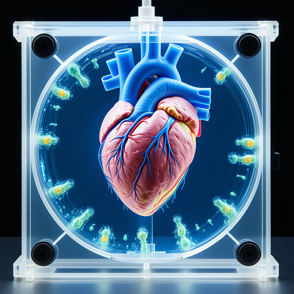 A Heart Is Shown In A Clear Plastic Container, Surrounded By Various Microscopic Organisms