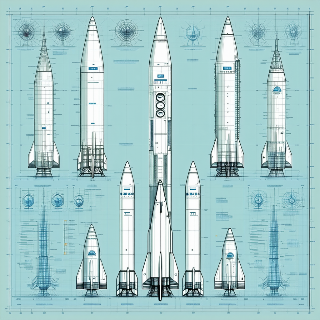 A Series Of Space Shuttles Are Displayed In A Blue And White Color Scheme