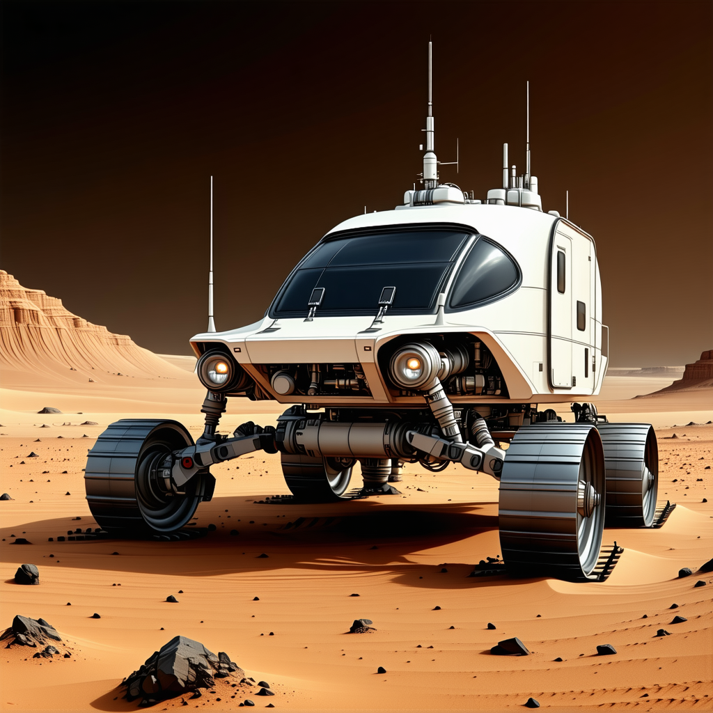 A Futuristic Vehicle, Possibly A Spacecraft Or A Rover, Parked On A Rocky Surface