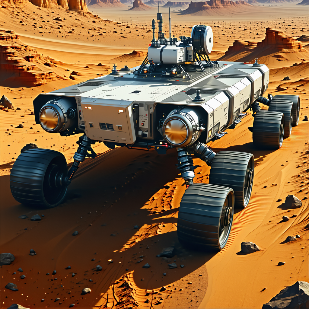 A Futuristic Vehicle, Possibly A Spacecraft Or A Rover, Driving Across A Rocky Terrain