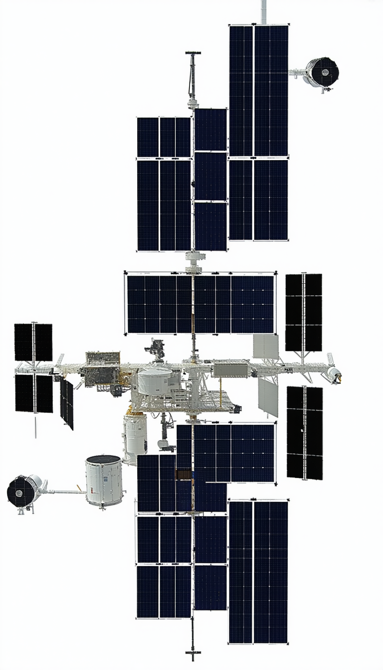 The Image Is A White Background With A Space Station Model Displayed On It