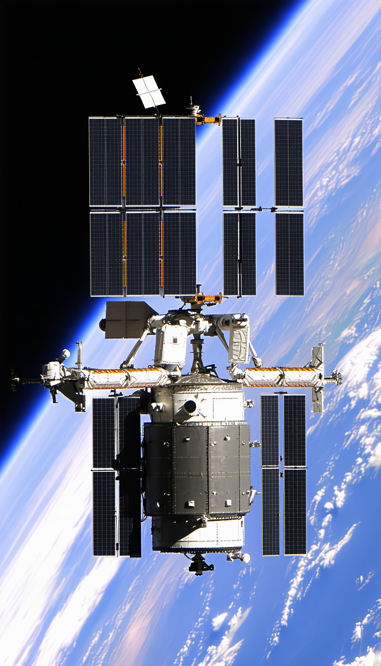 A Space Shuttle Is Docked With A Space Station, And The Two Are Flying Through The Sky
