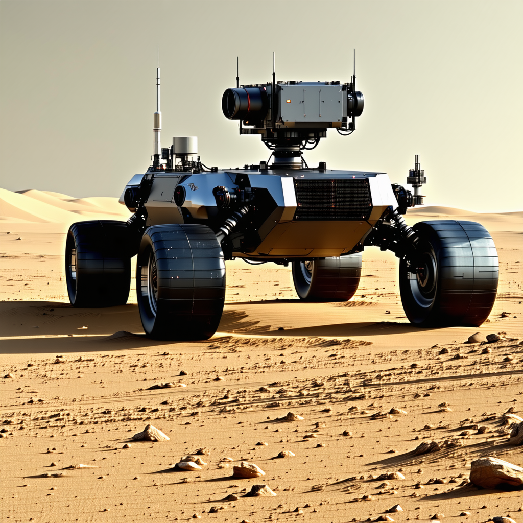 A Large Robotic Vehicle, Possibly A Tank, Driving Across A Sandy Terrain