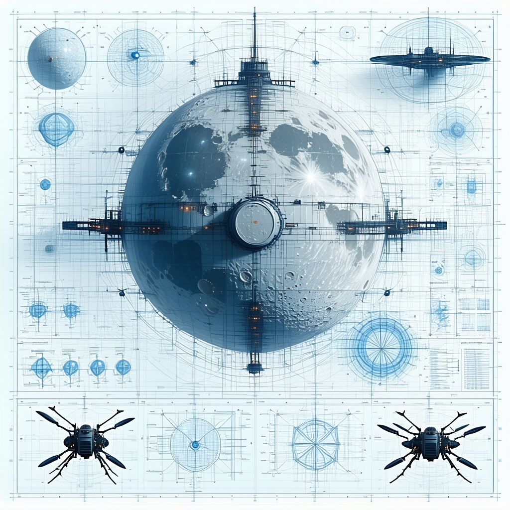 The Image Is A Blue And White Drawing Of A Space Station, With A Large Sphere In The Center