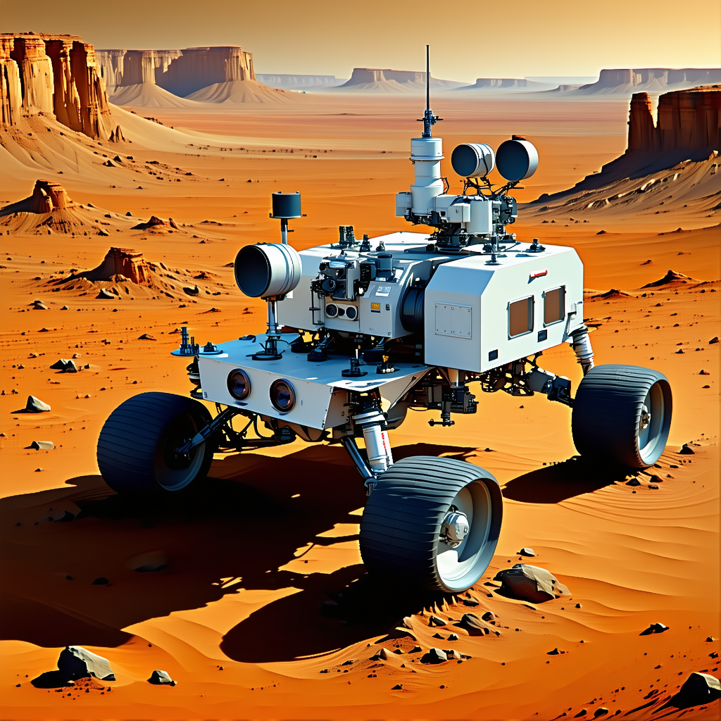 A Large White Robotic Vehicle, Possibly A Rover, Parked On A Dirt Surface