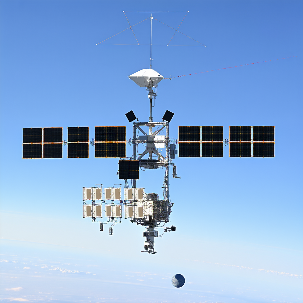 A Space Station Is Shown In The Image, With A Large Satellite Dish On Top Of It