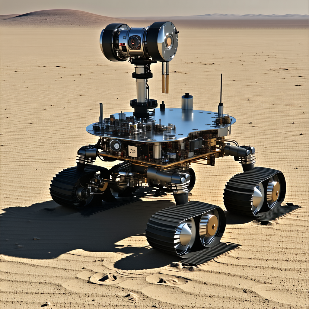 A Robotic Vehicle, Possibly A Rover, Sitting On A Sandy Surface