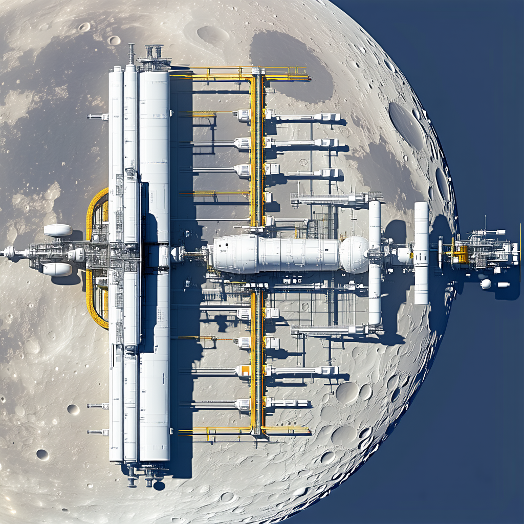 A Large Space Station Is Shown In The Image, With A Large White Structure Dominating The Scene