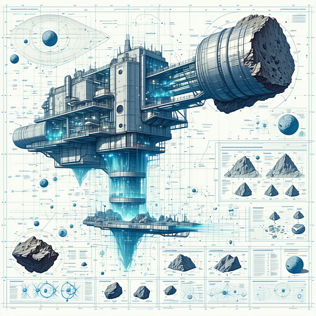 A Large, Futuristic Space Station Is Depicted In A Blue And White Drawing