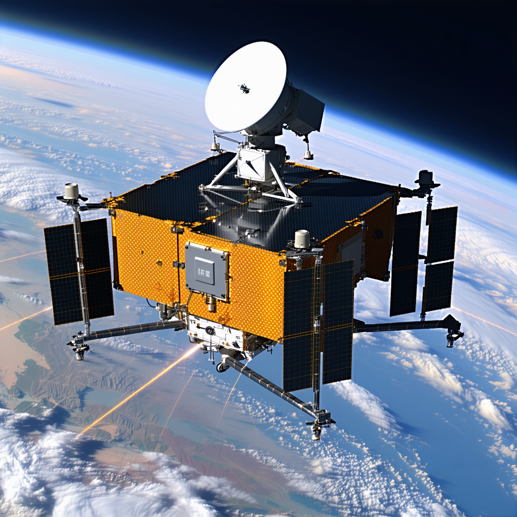 A Spacecraft Is Flying Through The Sky, With A Large Satellite Dish On The Front