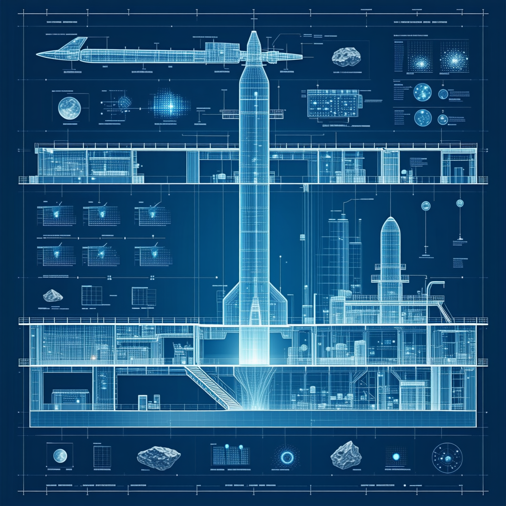 The Image Is A Blueprint Of A Space Station, Featuring A Large Rocket Ship As The Central Focus