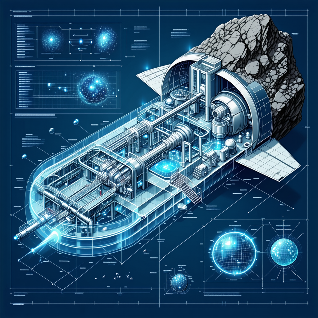 A Spacecraft Is Shown In A Blue And White Drawing, With A Large Rock In The Middle Of The Scene