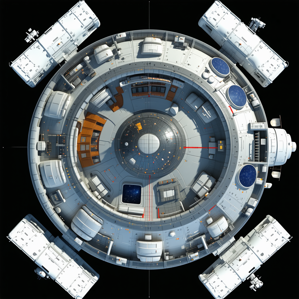 In The Image, There Is A Large, Round Spacecraft With A Central Hub That Houses Various Rooms