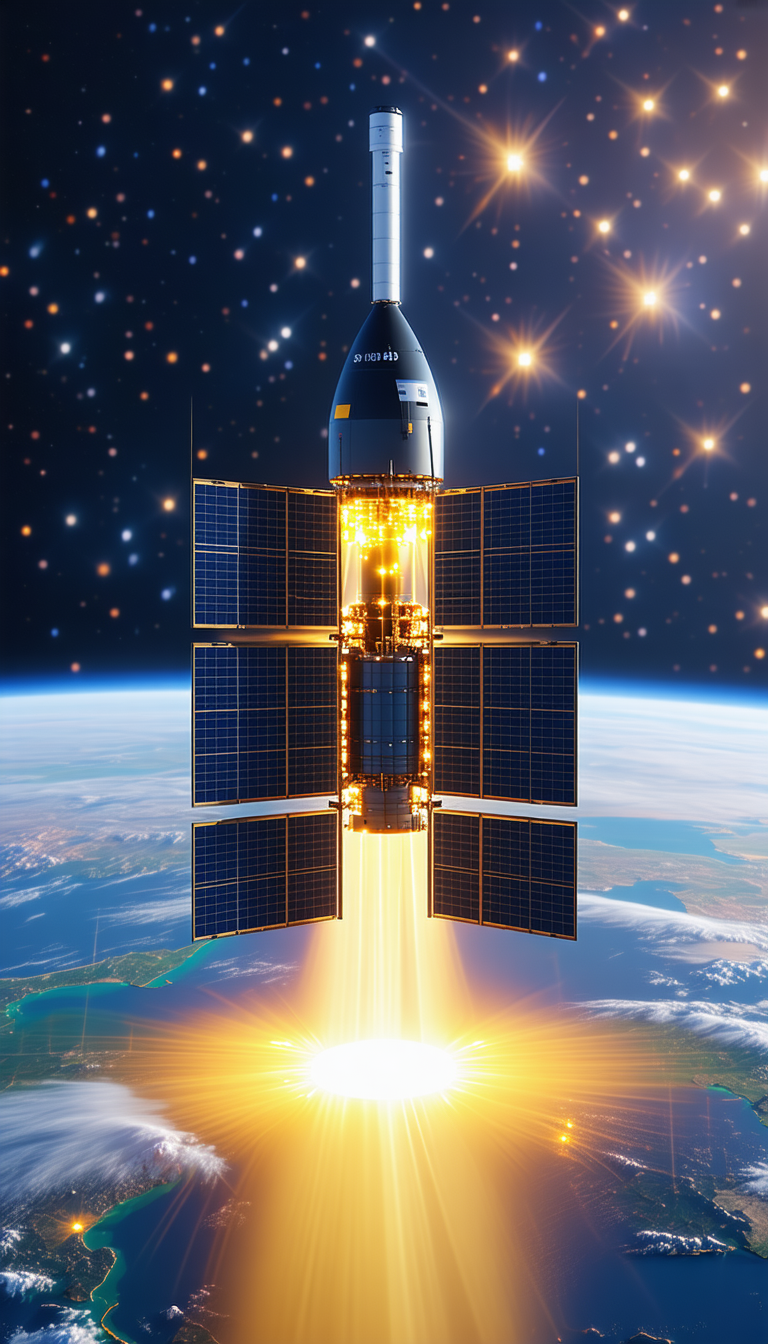 A Space Shuttle With A Satellite On Top Of It, Flying Through The Sky