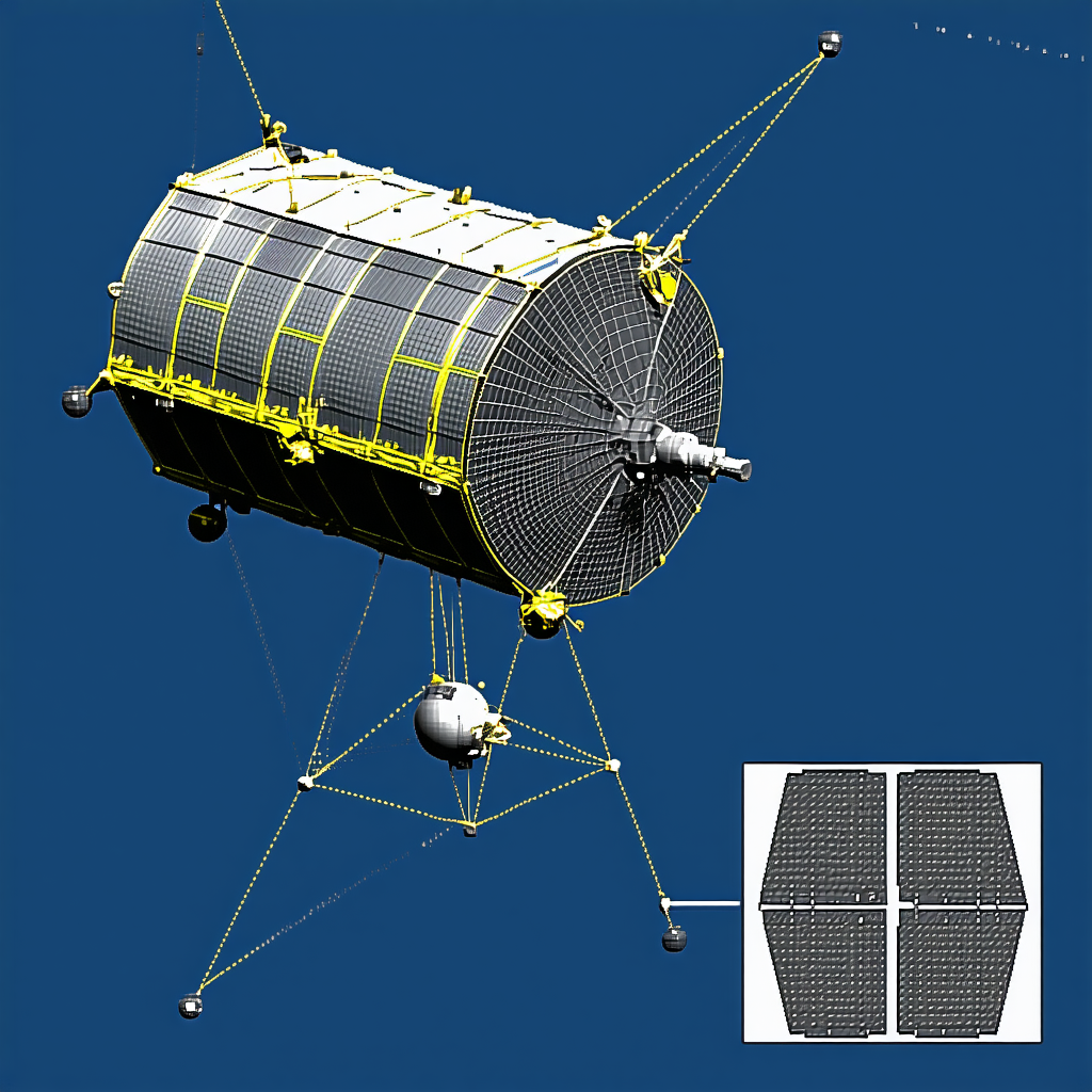 A Large Satellite Is Shown In A Blue Sky, With A Yellow And Black Color Scheme