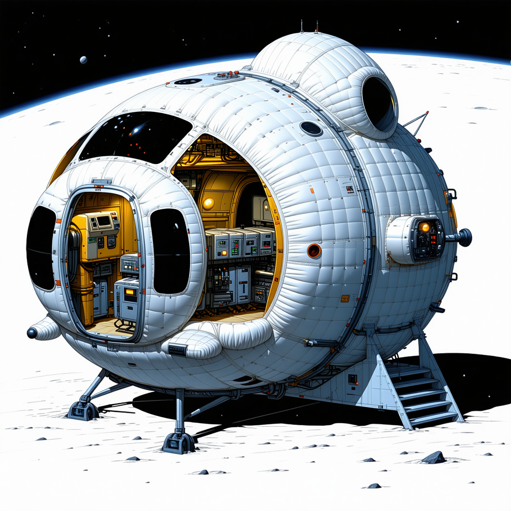 A White Spacecraft Is Shown In A Drawing, With A Large Dome On Top