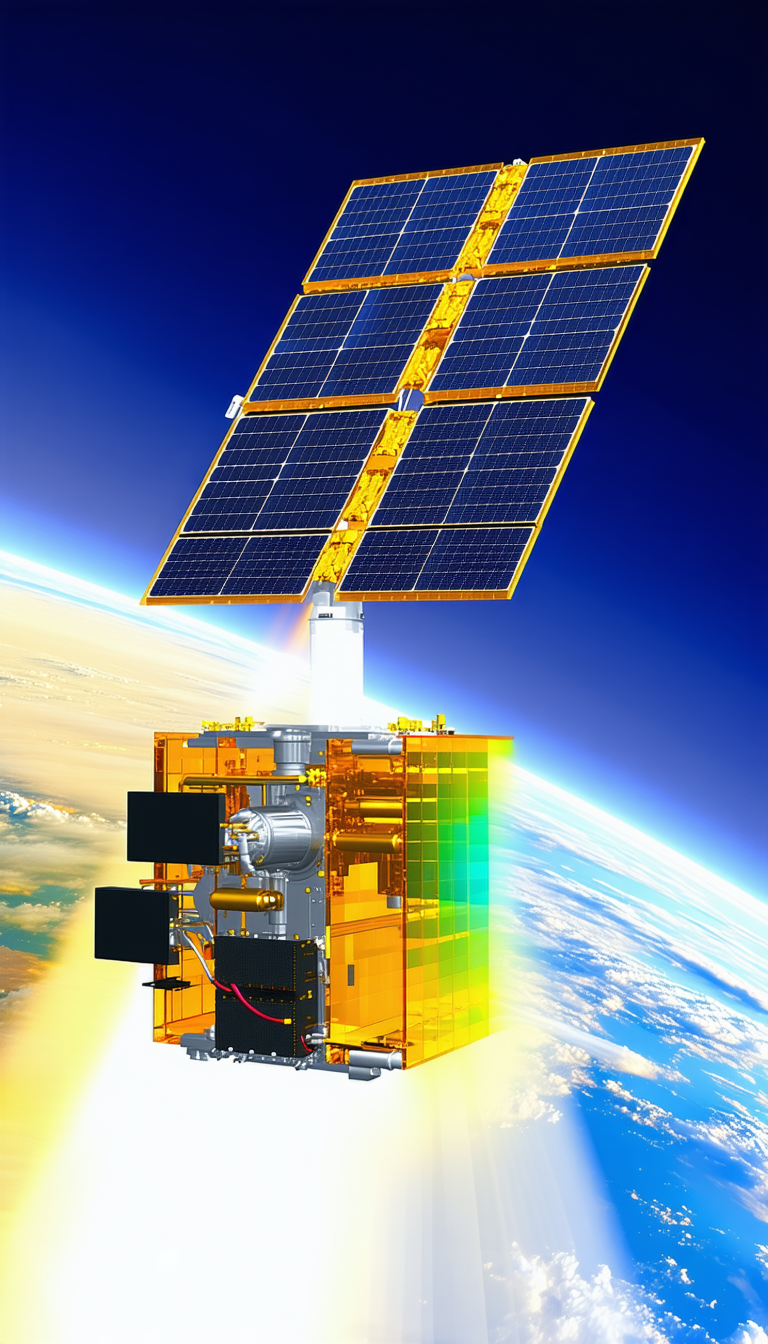 A Spacecraft With A Large Solar Panel On Its Side, Floating In The Sky