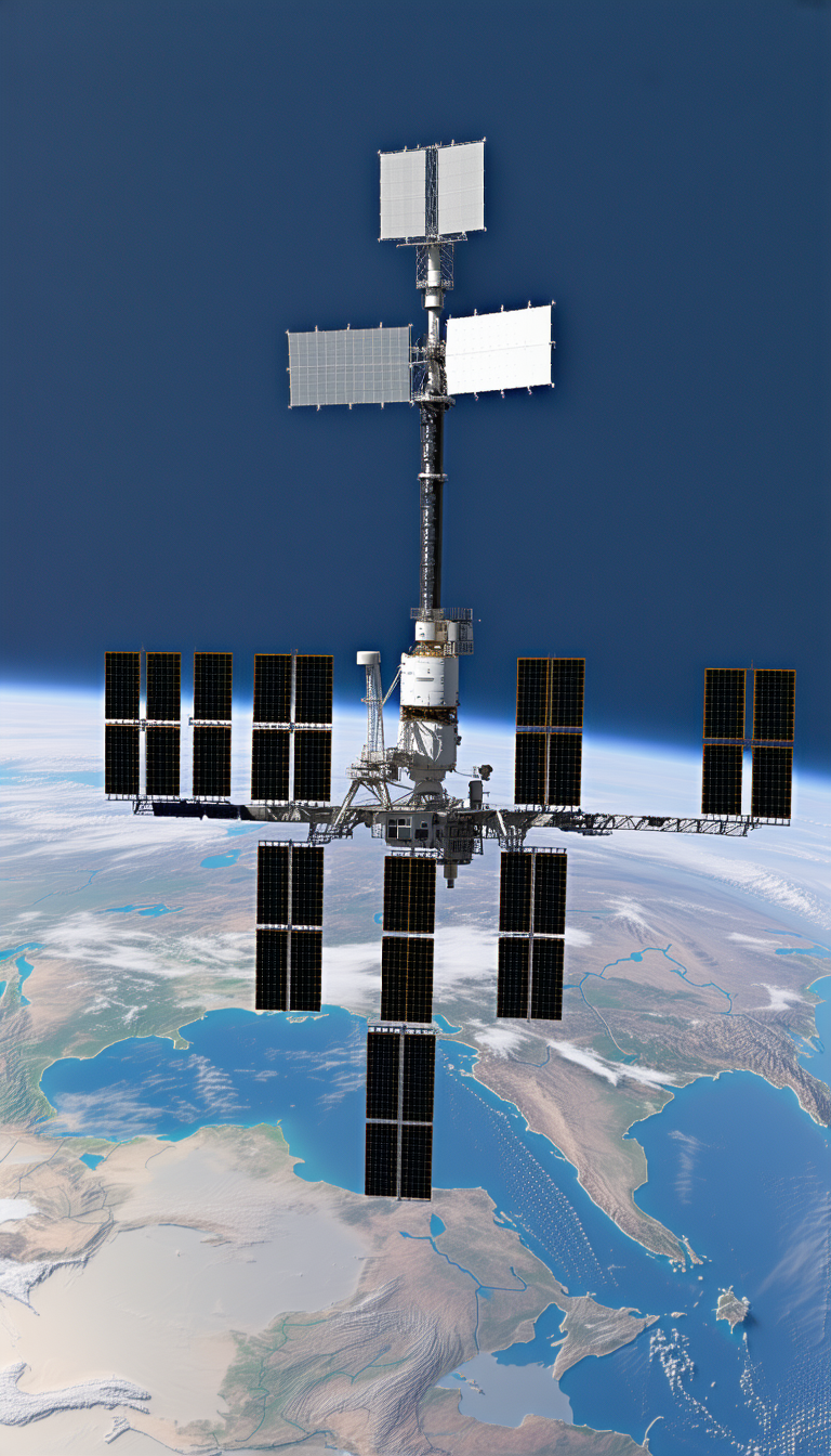 A Large Satellite Is Floating In The Sky, With A Large Antenna On The Bottom
