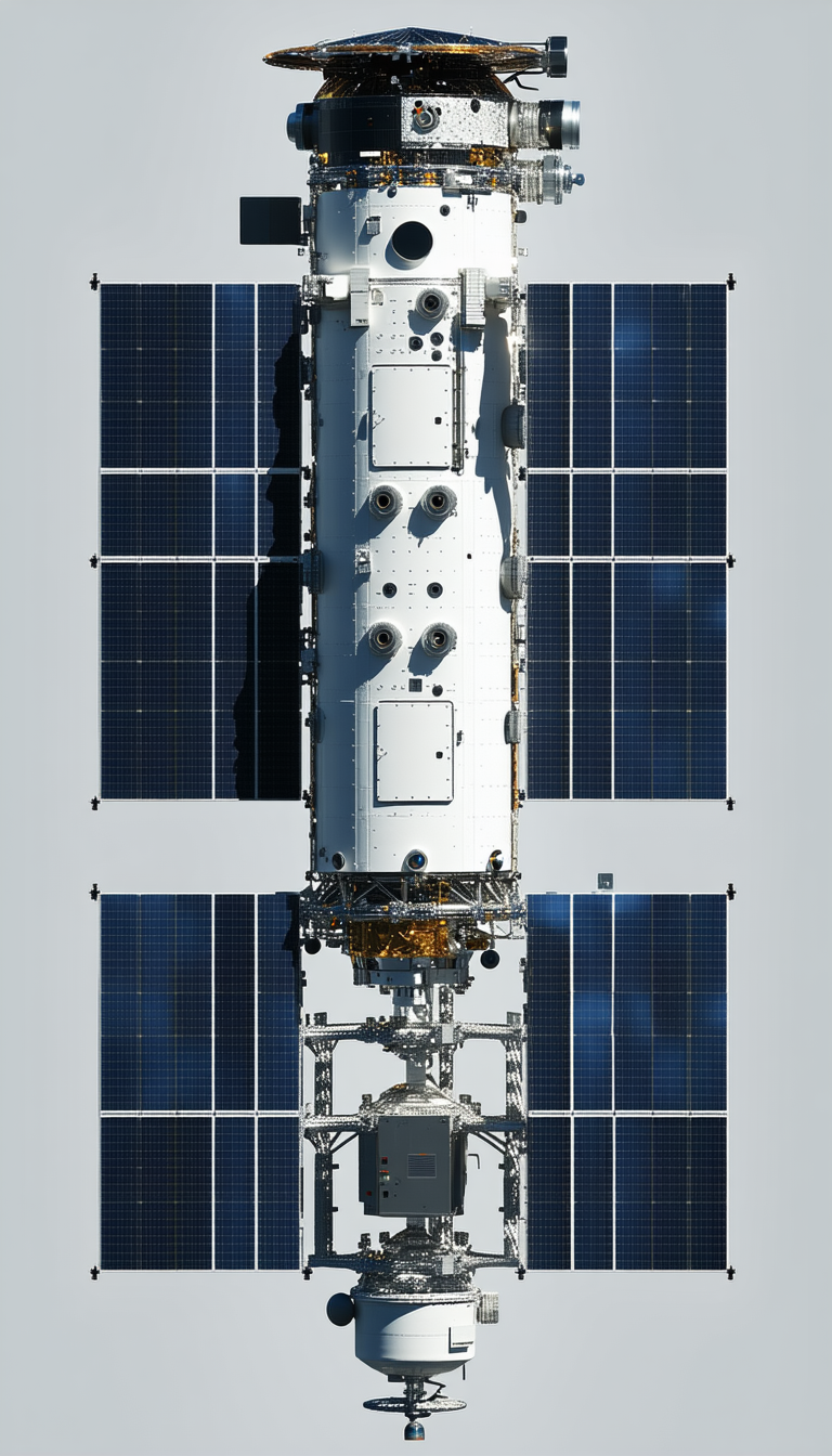 A Large Spacecraft Is Docked At A Space Station, With A Solar Panel On The Side