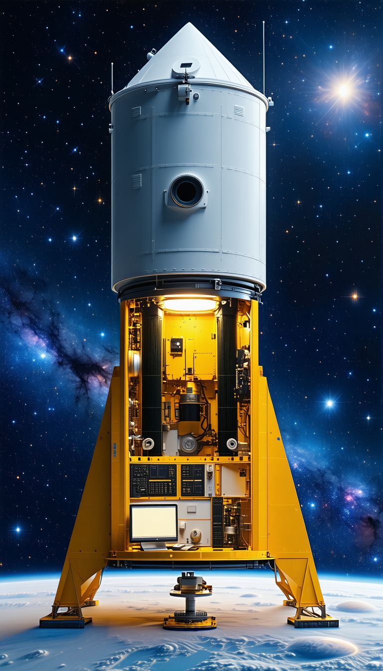 A Large, Yellow Spacecraft With A White Top, Sitting In The Middle Of A Starry Sky