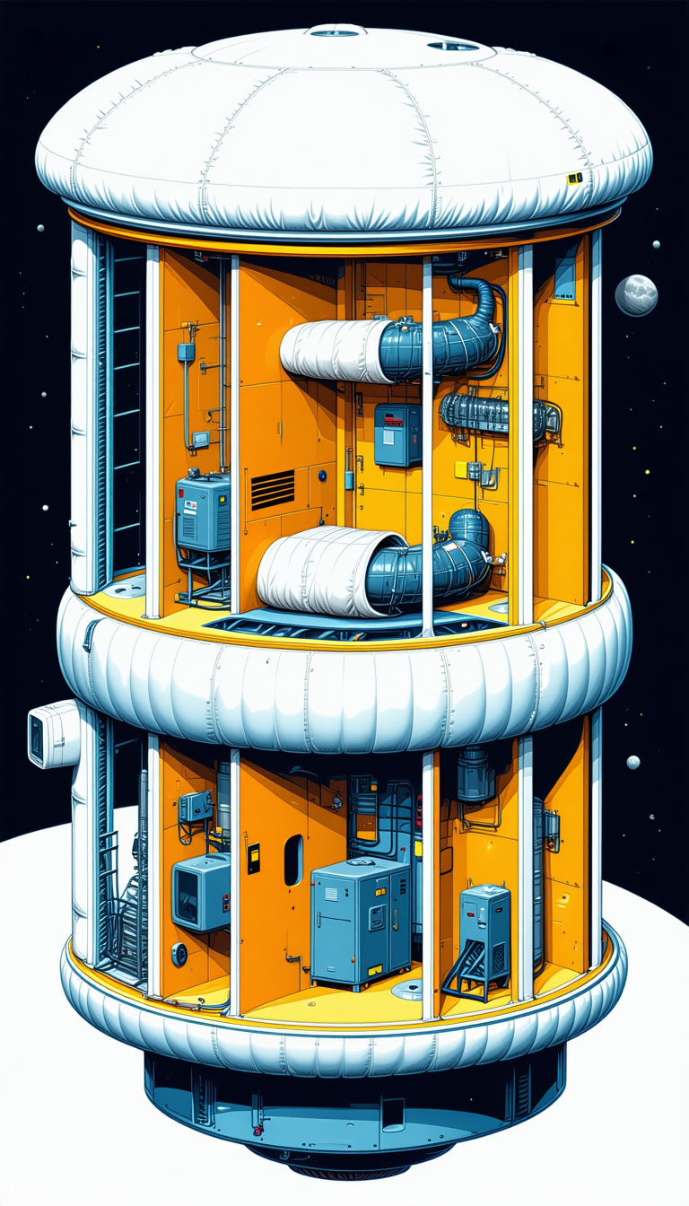 The Image Is A Blue And Orange Cartoon Drawing Of A Large Building With Many Pipes And Tubes