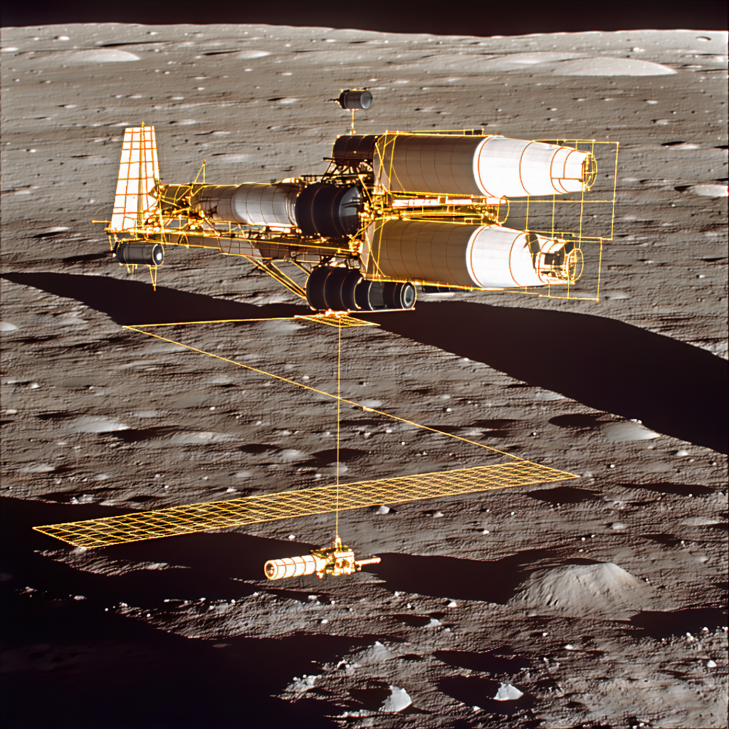 A Spacecraft On The Moon, With A Large Satellite Attached To The Side Of The Spacecraft