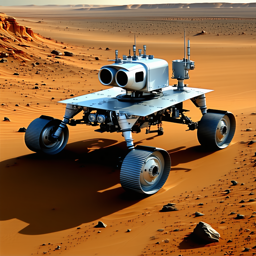 A Robotic Vehicle Is Driving Across A Desert Landscape