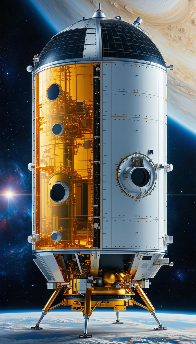 A Large Spacecraft Is Shown In A Close-up View, With A Large Dome On The Front