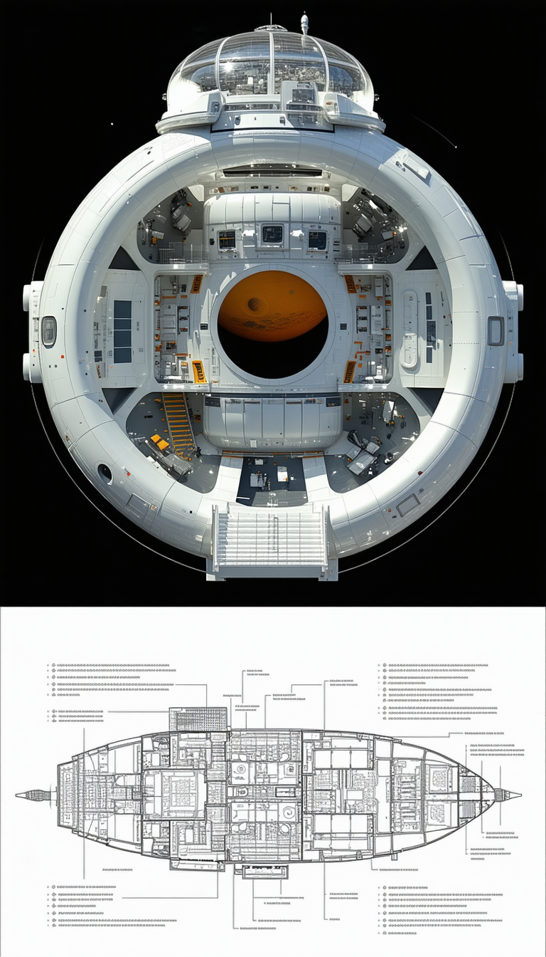 A White Space Station Is Shown In A Drawing, With A Large Dome In The Center